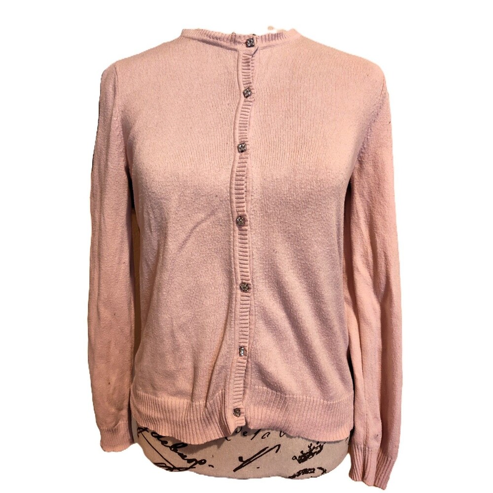 Liz Claiborne Petite S Pink Button Down Sweater w Sparkly Diamond like Buttons